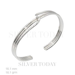 Silver cuff bracelet. The bracelet is open-ended and features a sleek, polished design with three parallel bands that are joined together and slightly twisted at the top center. The metal is shiny and reflective. In the background, faint text reads "SILVER TODAY." At the bottom left, there are specifications: "16.1 mm" and "16.1 grm," indicating the width and weight of the bracelet. The overall look is modern and elegant.