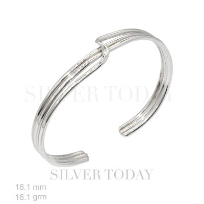 Silver cuff bracelet. The bracelet is open-ended and features a sleek, polished design with three parallel bands that are joined together and slightly twisted at the top center. The metal is shiny and reflective. In the background, faint text reads "SILVER TODAY." At the bottom left, there are specifications: "16.1 mm" and "16.1 grm," indicating the width and weight of the bracelet. The overall look is modern and elegant.
