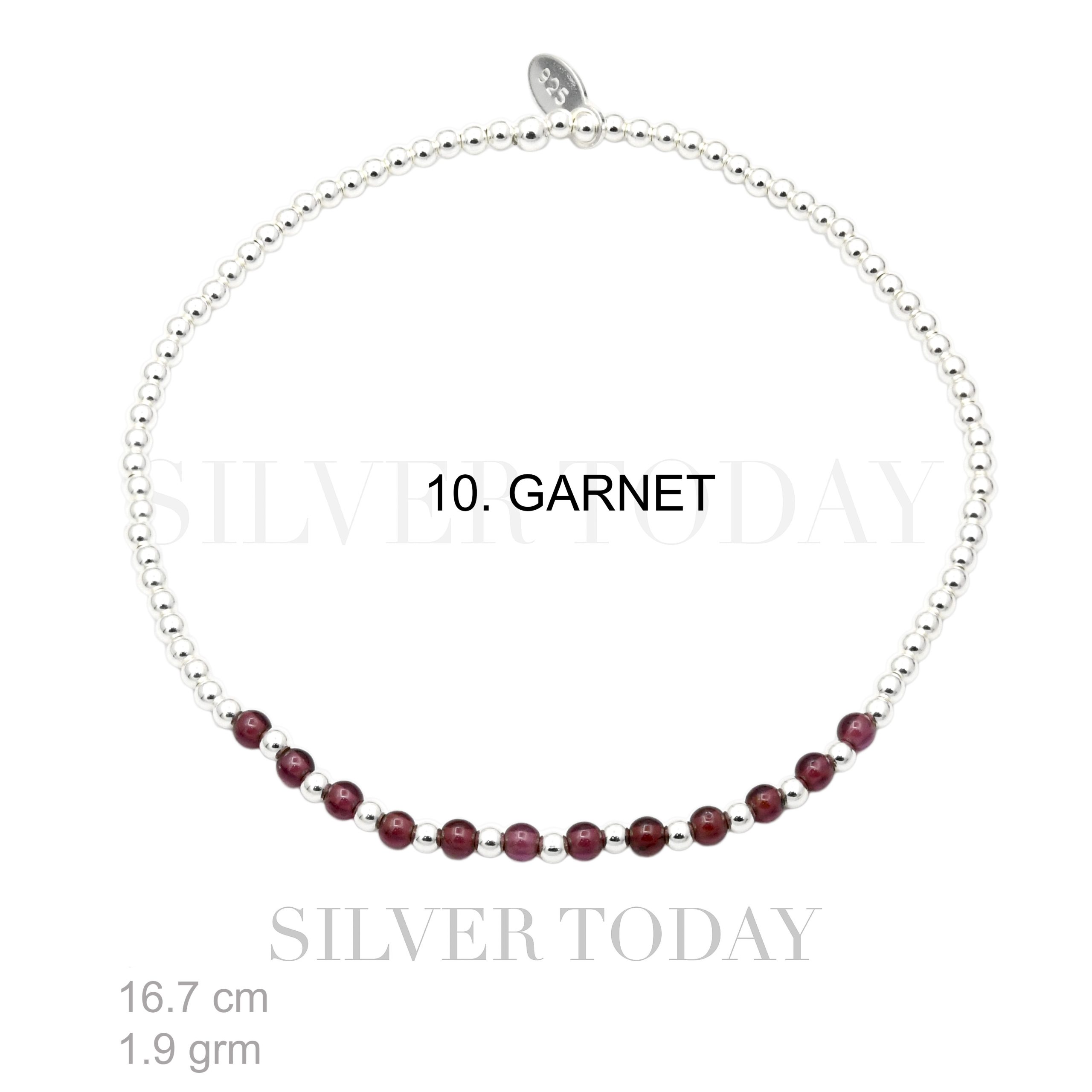 B2S991310 Elastic , 2 mm. silver bead with garnet