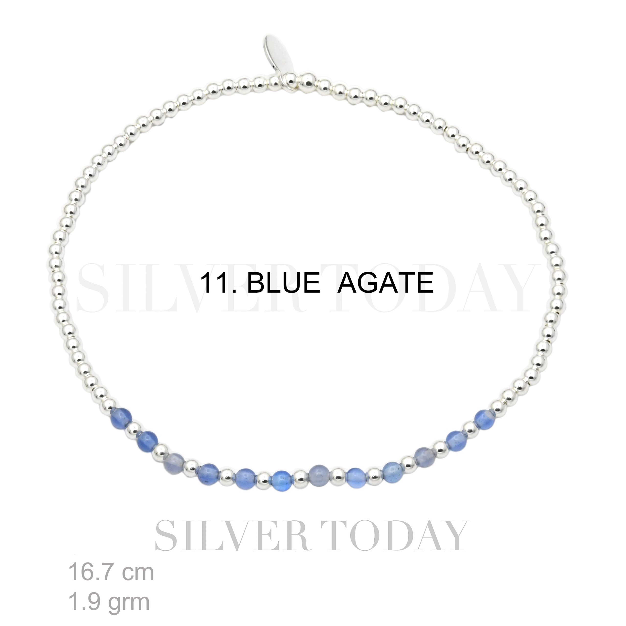 Elastic , 2 mm. silver bead with BLUE AGATE